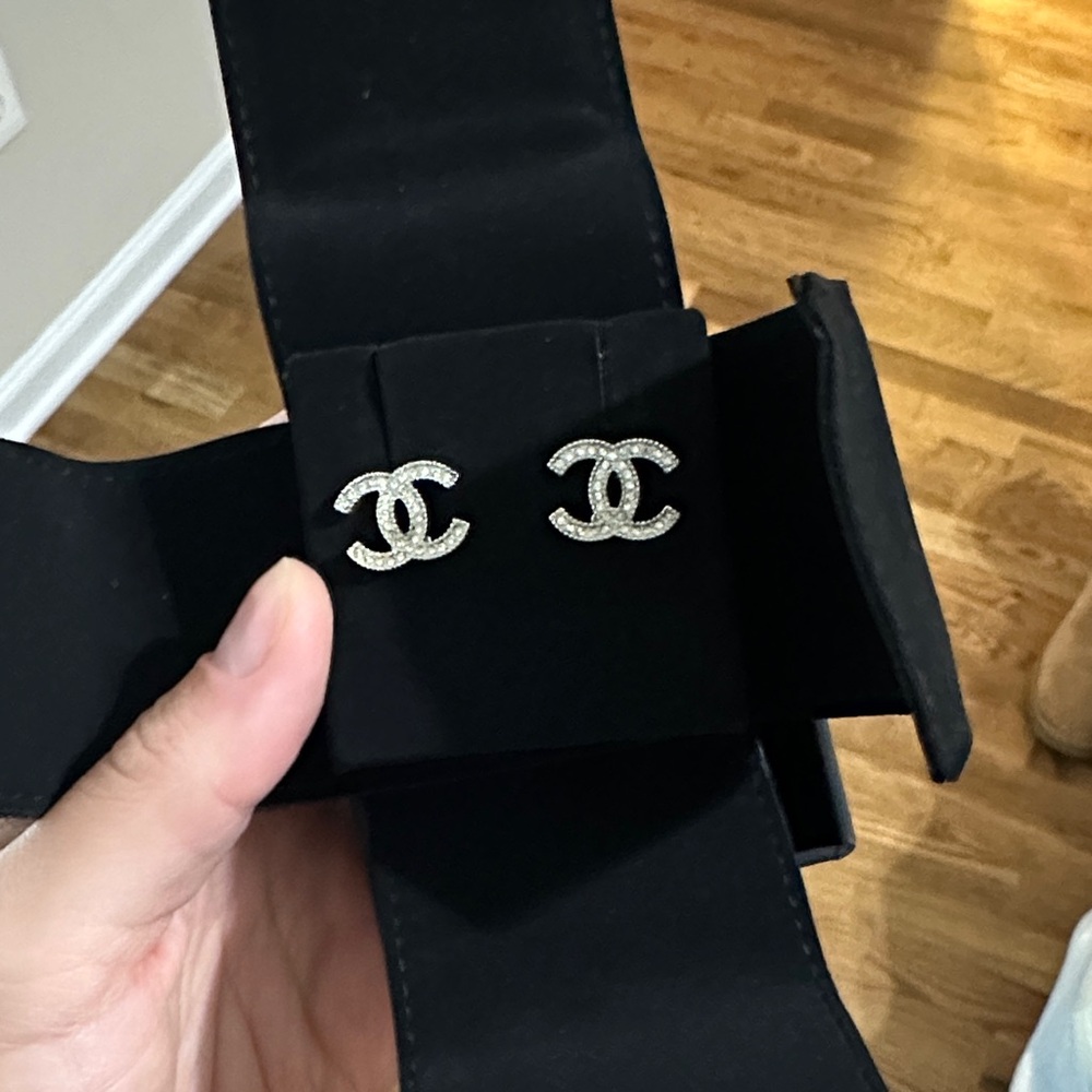 CHANEL Sparkling Silver Logo Stud Earrings